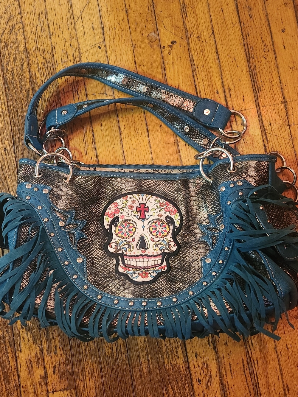 Teal Fringe Shoulder Bag with Decorative Sugar Skull